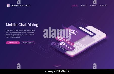 Mobile chat dialog isometric landing page, sms and audio messages ui mobile app interface layouts at smartphone screen. Media communication in messeng Stock Vector