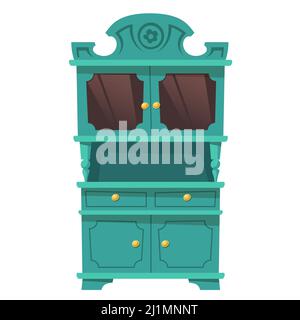 Kitchen cupboard in baroque style with shelves and glass doors. Vector vintage green cabinet, furniture for storage and display crockery isolated on w Stock Vector