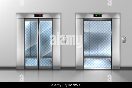 Glass elevator with open and closed doors in office hallway. Vector realistic empty modern interior with lift with transparent walls and floor in hall Stock Vector