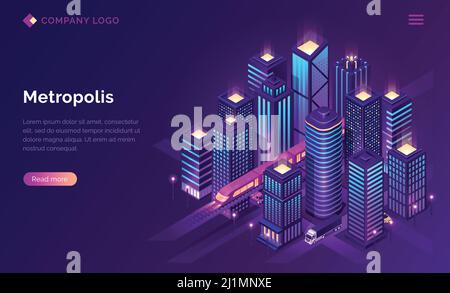 Smart city metropolis isometric landing page, futuristic town with subway train transport and cars riding among tall skyscraper buildings on neon glow Stock Vector