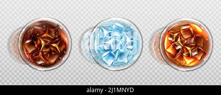 Top view of cola, cold tea and water with ice cubes. Cold soda drinks in glass cups with air bubbles. Isolated summer cocktails or alcohol beverages, Stock Vector
