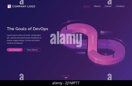 Goals of DevOps banner. Concept of development operations, communication of programmers and engineers. Vector landing page of project integration with Stock Vector