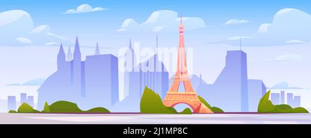 Paris urban landscape vector cartoon illustration with famous landmark, Eiffel Tower and city skyline silhouette background, horizontal banner with bl Stock Vector