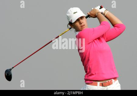 Oct 30, 2009-Incheon, South Korea-Karine Icher of France hits a teeshot in the 6th hole during round one of Hana Bank Kolon Championship at Sky 72 Golf Club on October 30, 2009 in Incheon, South Korea. Stock Photo