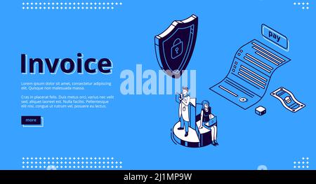 Invoice banner. Security mobile payment concept. Vector landing page of electronic finance with isometric illustration with working people on chart, r Stock Vector