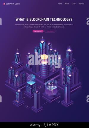 Blockchain technology isometric landing page. Huge bitcoin, human brain and neon glowing skyscraper buildings in smart city with robots. Cryptocurrenc Stock Vector