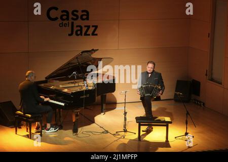 Rome, Italy. 26th Mar, 2022. The jazz duo Pasquale Stafano, piano and Gianni Iorio, Bandoneon in 'Mediterraneon Tales' Tour 2022 at the Casa del Jazz in Rome. (Photo by Daniela Franceschelli/Pacific Press) Credit: Pacific Press Media Production Corp./Alamy Live News Stock Photo