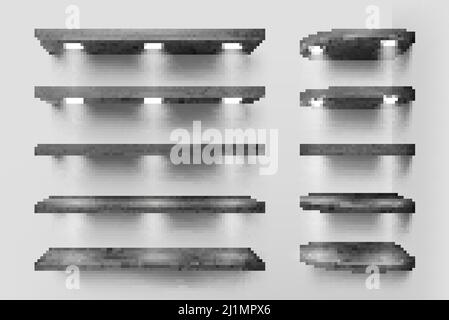 Black wooden shelves with backlight, front and corner racks on white wall background. Empty clear illuminated ledges or bookshelves. Design element fo Stock Vector
