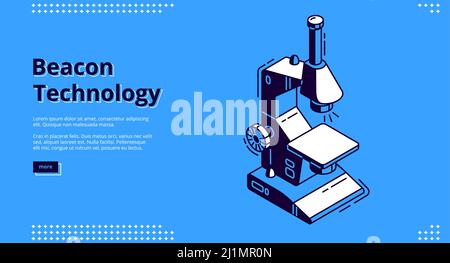 Beacon technology isometric landing page. Scientific microscope on blue background. Internet of things, exchange and share information, wireless digit Stock Vector
