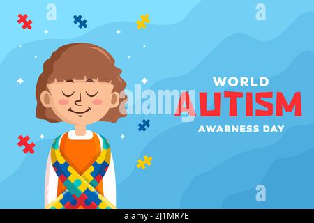 world autism awareness day illustration background with a girl and ribbon Stock Vector