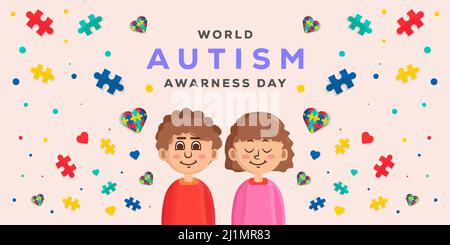 world autism awareness day illustration with two child and puzzle pieces Stock Vector