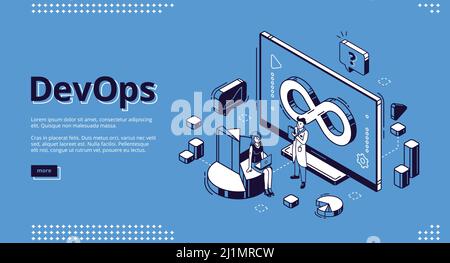 Devops isometric landing page, development and operation specialists work collaboration. Programmer and businesswoman at huge pc. Automation cycles so Stock Vector