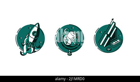 Round icons set rocket take off, globe with gps pins and isometric data analysis or finance growth chart and money isolated on white background, green Stock Vector