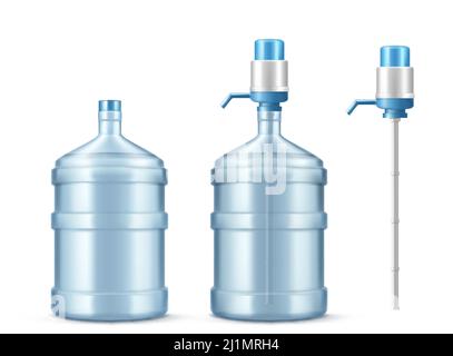 Pump water cooler and big bottle for office and home. Vector realistic mockup of dispenser with pump for pouring clean water and large plastic gallon Stock Vector