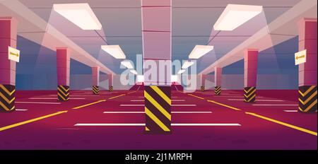 Underground car parking. Empty basement garage with road marking lots for automobiles, guiding arrows on road and columns to entrance. Vector cartoon Stock Vector