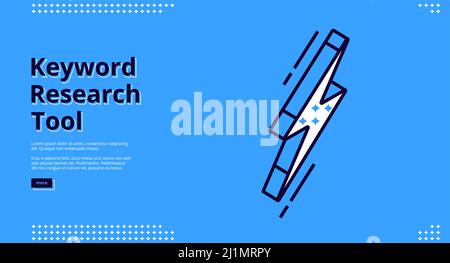 Keyword research tool blue banner with Isometric flash sign, background. Vector landing page of SEO optimization service with line art web design Stock Vector