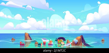 Pollution sea by plastic trash, garbage in water. Vector cartoon landscape of ocean with floating dirty waste, bottles, bags, rubbish. Ecological prob Stock Vector