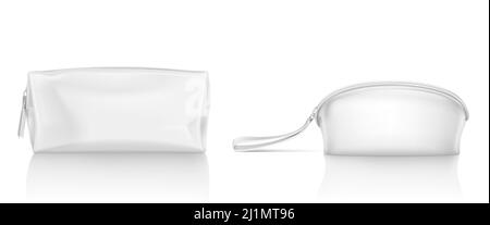 White cosmetic bag with zipper for makeup and beauty tools. Vector realistic mockup of blank fabric pouch with zip for toiletry, soap and body care pr Stock Vector