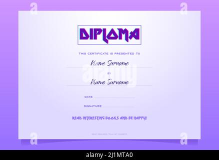 Kids diploma template, book gift certificate, preschool or kindergarten graduation border design with colorful typography on white and purple backgrou Stock Vector