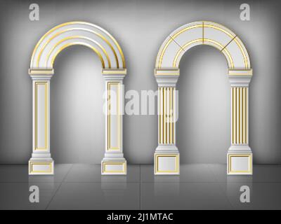 Arches with columns in wall, interior gates with white pillars and gold decoration in palace or castle. Archway frames, portal entrance, antique doorw Stock Vector