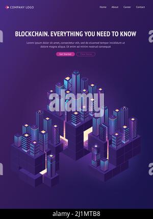 Blockchain technology in smartcity isometric landing page. Smart city community with data centers, servers and crypto block chain buildings, neon glow Stock Vector