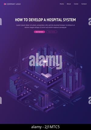 Smart city hospital system isometric landing page. Futuristic medicine technologies, clinic network in smartcity with neon glow skyscrapers, health ca Stock Vector