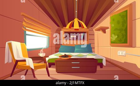 Camper interior with bed, bookshelves, chair and nightstand. Empty modern trailer car. Vector cartoon bedroom in camping van with cozy furniture. Mini Stock Vector