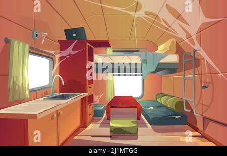Abandoned camping trailer car interior with loft bed, ragged couch, kitchen sink, desk with laptop, bookshelf and window covered with spider web. Negl Stock Vector