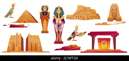 Ancient Egypt landmarks. Vector icons set of sculptures of egyptian gods, sphinx, pyramid and golden sarcophagus of pharaoh and queen. Historical temp Stock Vector