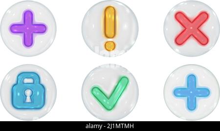 Set of 3d vector render icons. Checkmark, cross sign, lock and exclamation mark. Bright glossy glass design elements Stock Vector