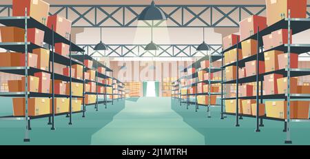 Warehouse interior with cardboard boxes on metal racks. Vector cartoon illustration of empty storage room interior with goods, cargo and parcels on sh Stock Vector