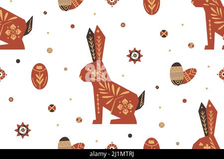 Seamless festive vector pattern with hares and easter eggs with folk art on white background. Scandinavian texture with bunnies and polka dots. Stock Vector