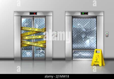 Broken glass elevators closed for repair or maintenance. Passenger lift transparent doorway gate wrapped with warning yellow stripe. Caution sign stan Stock Vector