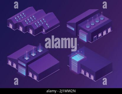Isometric storehouse, logistics warehouse or factory buildings with lifting door, glass facade and ventilation system. Cargo and freight storage, indu Stock Vector