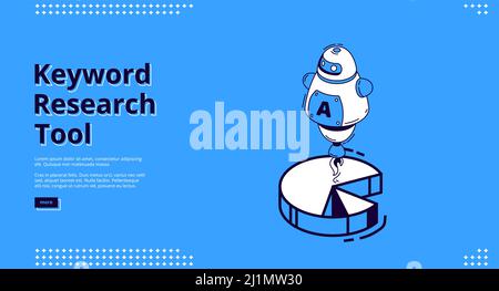Keyword research tool banner with isometric icons on blue background. Vector landing page of SEO optimization service with line art robot and diagram, Stock Vector
