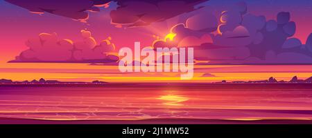 Sea sunset. Tropical landscape of ocean with sky, clouds and water in red light of evening sun. Vector cartoon summer seascape with city lights and co Stock Vector