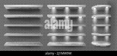 Gray wooden shelves with backlight, front and corner racks on transparent wall background. Empty clear illuminated ledges or bookshelves. Design eleme Stock Vector