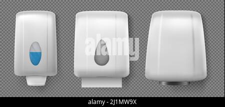 Wall hand dryer, dispensers with soap and paper towel. Vector realistic container with antibacterial liquid gel or alcohol sanitizer, box with napkins Stock Vector