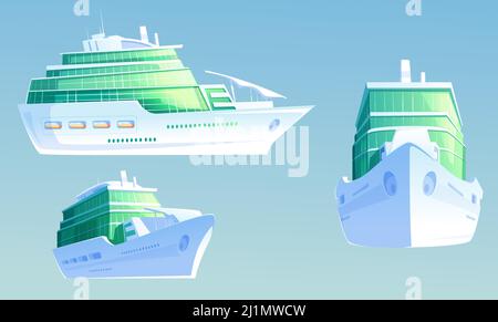 Cruise ship. Luxury passenger liner for summer vacation and sea travel. Vector cartoon illustration of big cruise ship for ocean trip in front and sid Stock Vector