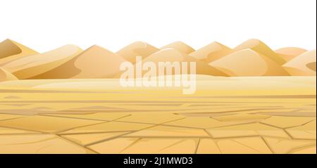 Hot desert. Landscape of southern countryside. Cool cartoon style. Drought cracked desert land. Isolated on white background. Vector. Stock Vector