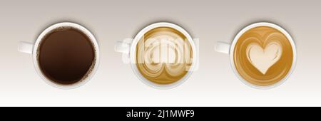 Coffee cups top view set, realistic mugs with hot beverages and cream foam heart design. Assortment of black espresso, cappuccino and latte drinks iso Stock Vector