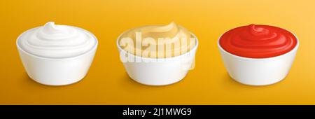 Mayonnaise, mustard sauce and ketchup in white dip bowls. Vector realistic 3d set of cups with cream, yogurt, cheese and tomato sauce for salad or bar Stock Vector