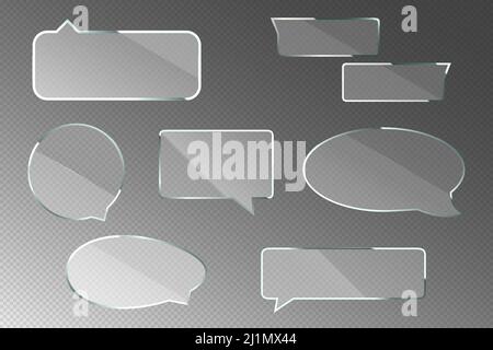 Glass speech bubbles with metal frame isolated on transparent background. Vector realistic set of clear acrylic thought clouds for chat dialog, social Stock Vector