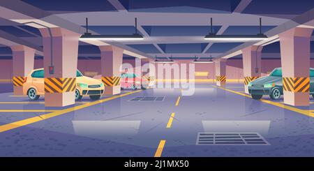 Underground car parking, garage with vehicles and vacant places. Area for transport in building basement with columns and guiding arrows show way to e Stock Vector