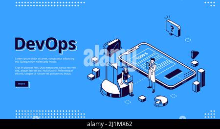 DevOps banner. Concept of development operations, communication of programmers and engineers. Vector landing page of project integration with isometri Stock Vector