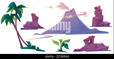 Volcano with smoke, rocks and palm trees isolated on white background. Vector cartoon set of volcanic eruption, mountain with smoking crater, tropical Stock Vector