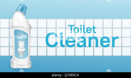 Toilet cleaner banner, liquid detergent plastic bottle with clean bowl on label on white tiled ceramic wall background. Chemical product for cleaning Stock Vector