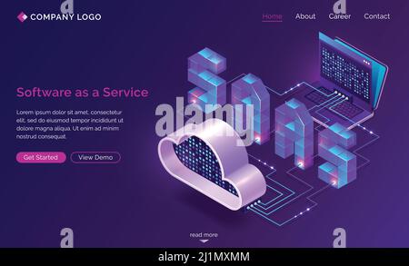 Saas, software as a service isometric landing page. Technology for using digital computer programs via internet access and subscription system. Laptop Stock Vector