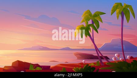 Sunset or sunrise on beach, tropical landscape with palm trees and beautiful flowers on seaside under pink cloudy sky. Evening or morning idyllic para Stock Vector
