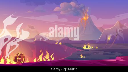Jurassic period landscape with erupted volcano and fallen meteor. Vector cartoon illustration of prehistoric Earth surface with meteorite crater, fire Stock Vector
